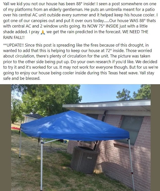 facebook post by a man who put sun tent over his outside ac unit