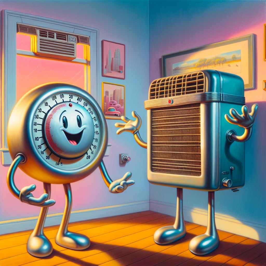 cartoon of thermostat and air conditioner gesturing to each other