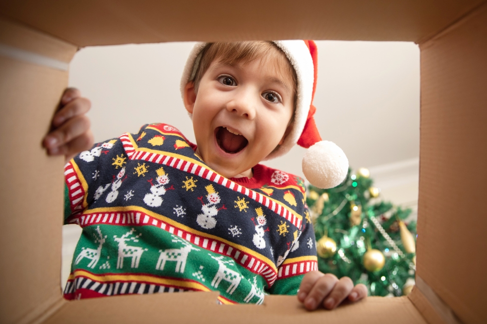 excited child looking into a box